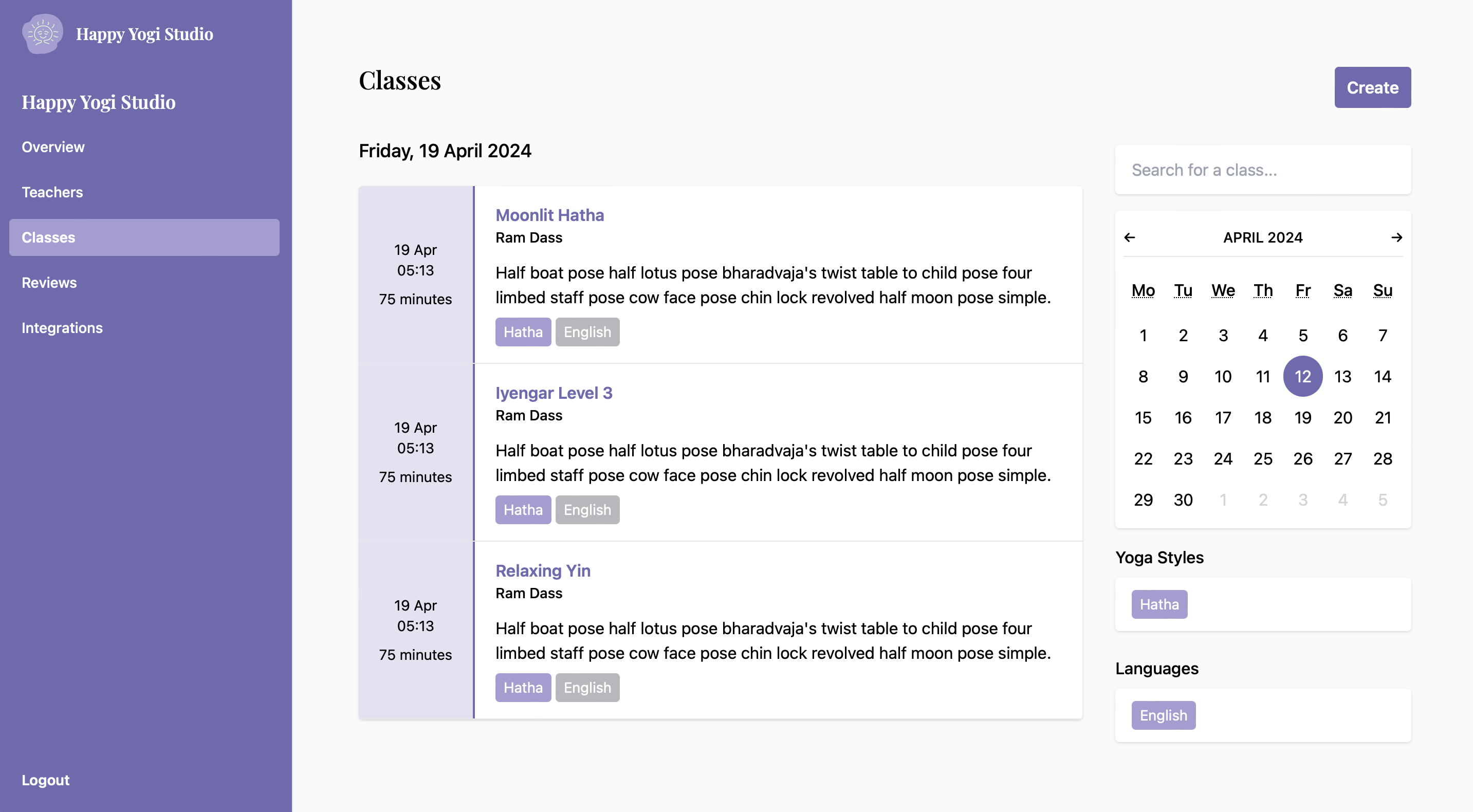 Preview of Happy Yogi Studio dashboard on the classes page